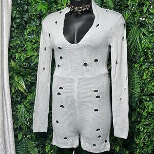 Distressed Large Gray Knit Romper Jumpsuit‎ V Neck Long Sleeve Sheer Holes  3224